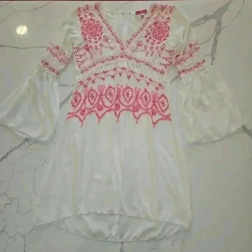 Chach Womens Boho Long Bell Sleeves Embroidered Dress White Size Large